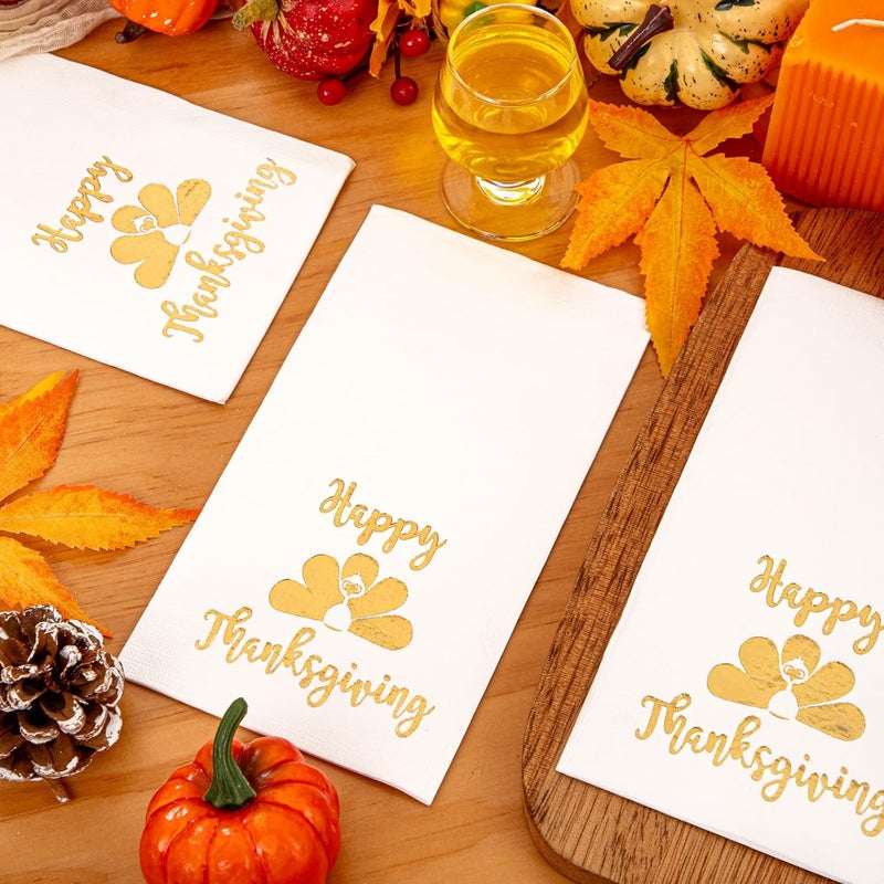 WDF 100 Pack Thanksgiving Napkins Paper - 3ply Fall Paper Napkins With Golden Turkey-15.8 x 13 Inches Disposable Napkins - Image 2